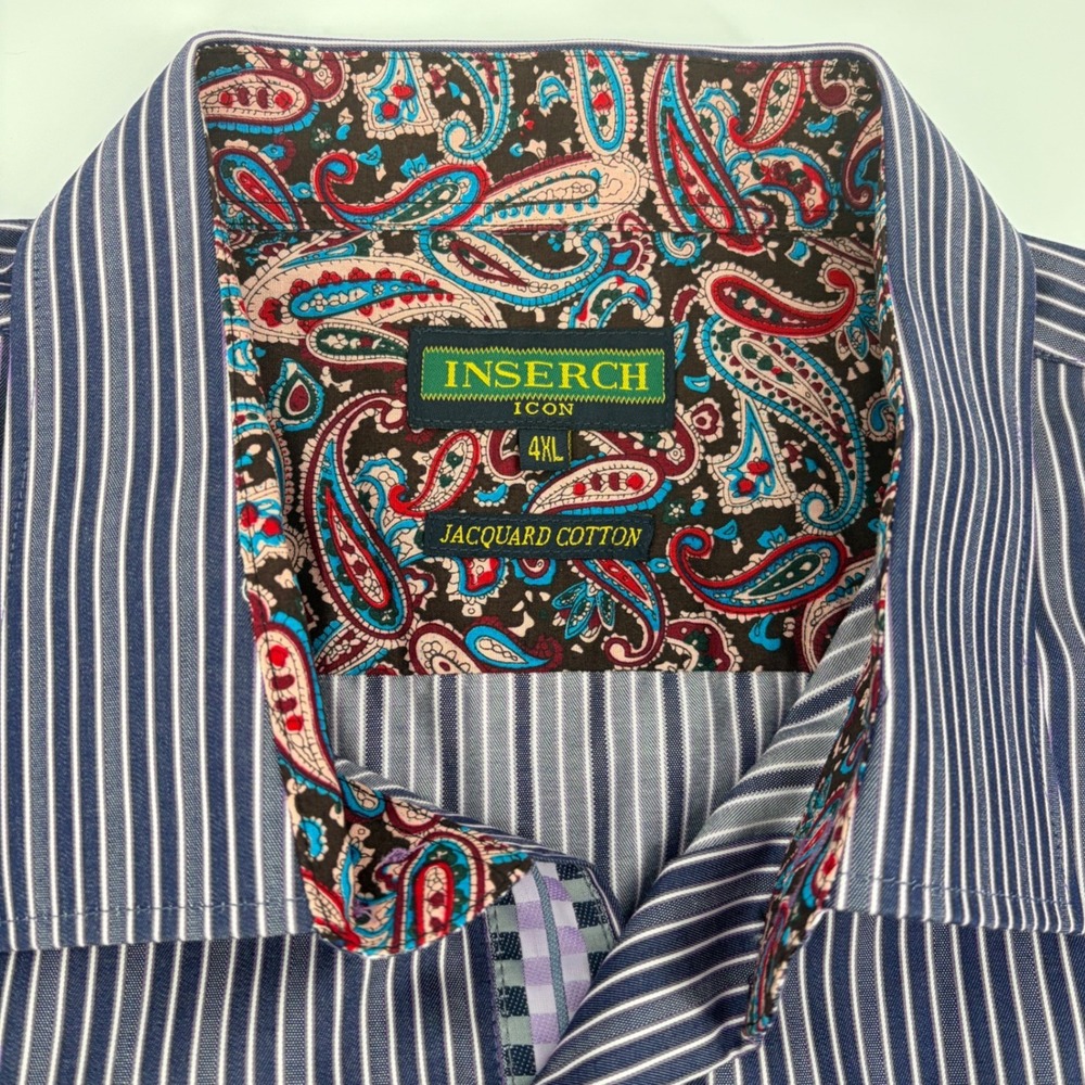 Inserch Button Down Shirt Mens 4XL Purple White Stripe Paisley Jacquard Cotton - Picture 6 of 11